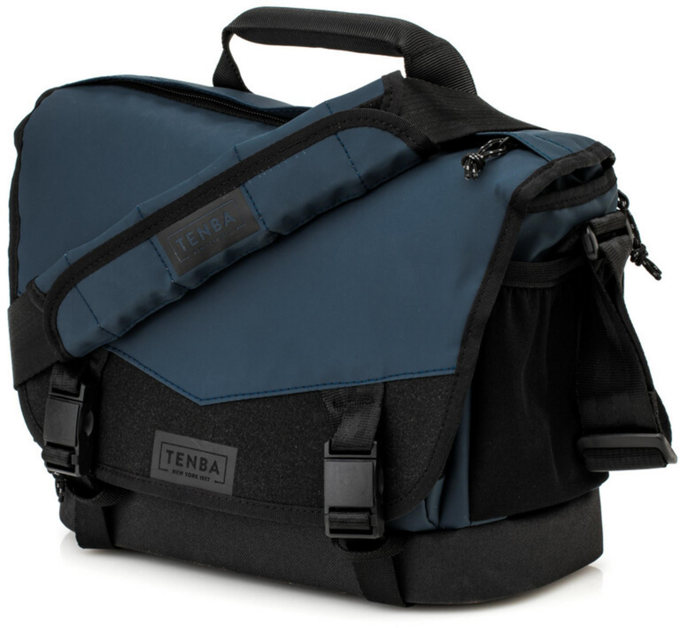 A dark blue Tenba bag with black accents and buckles.