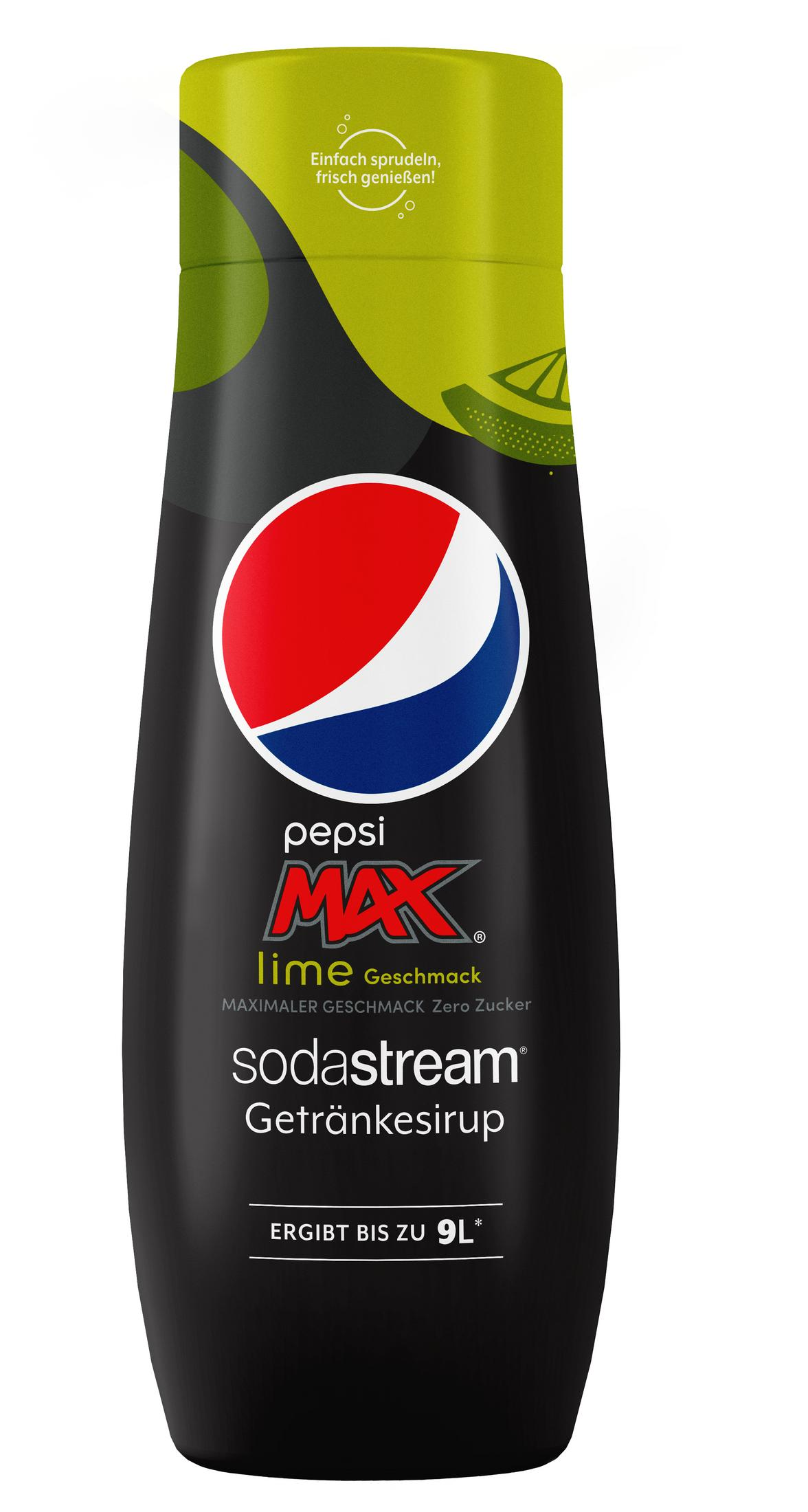 Pepsi Max Lime Sodastream Sirup Flasche mit dem Pepsi Logo und Schriftzug.