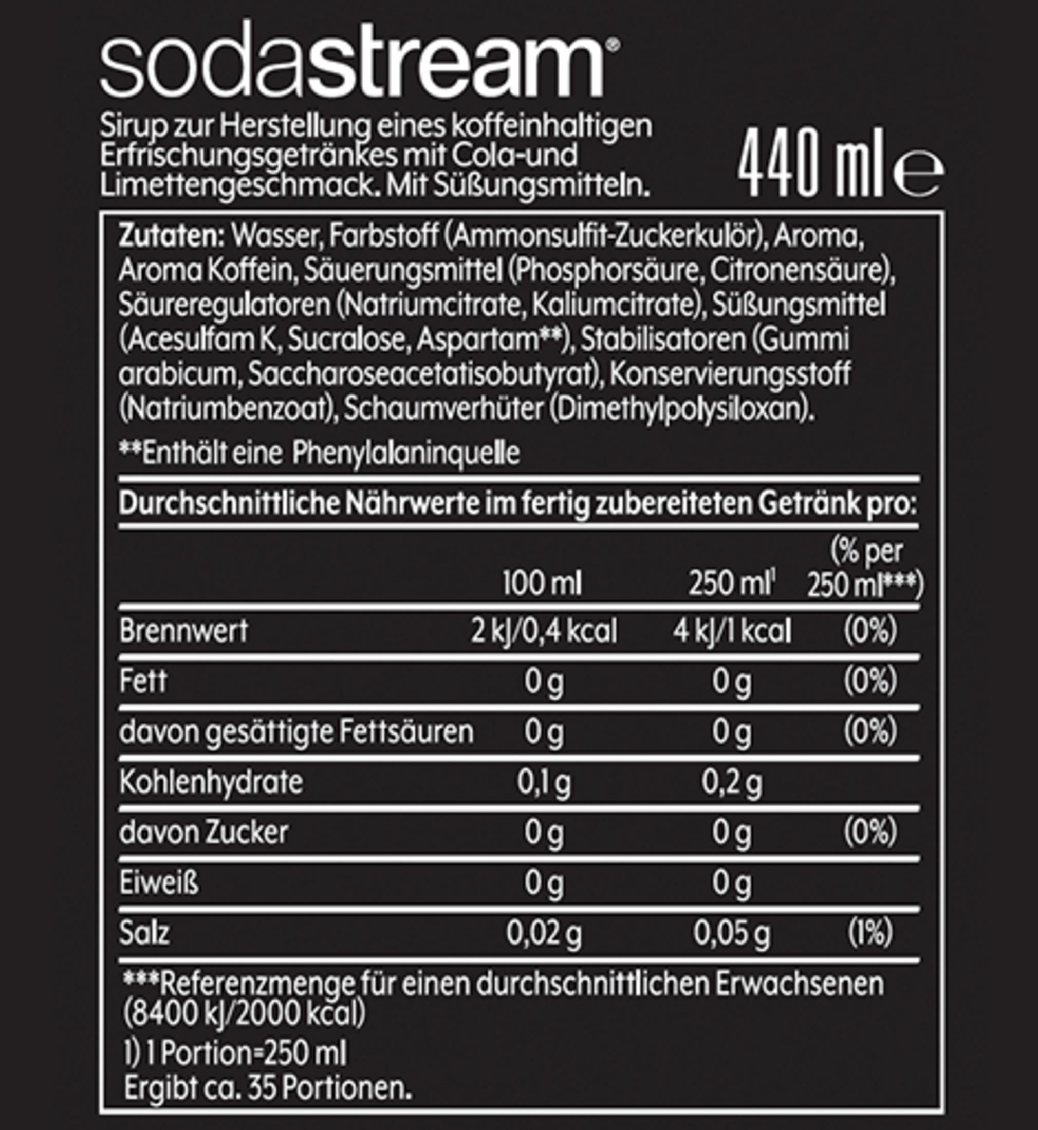 Sodastream Sirup 440 ml mit Cola-Limetten-Geschmack, Nährwertangaben.