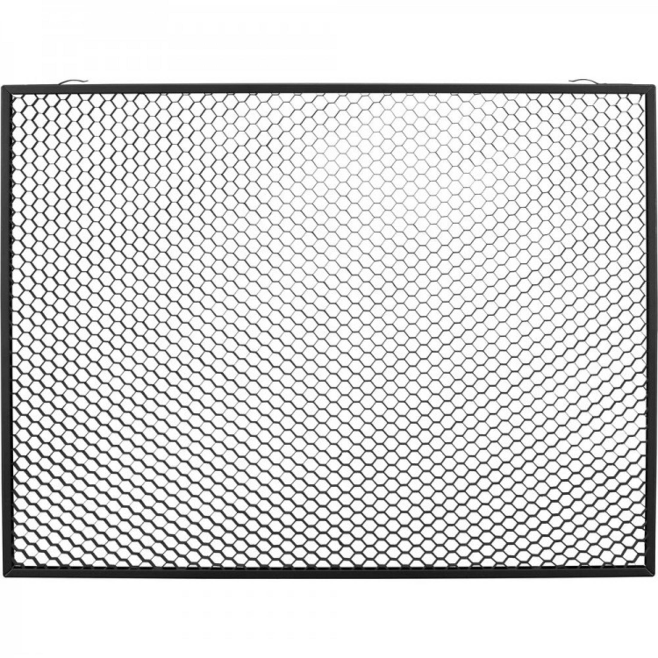 Une grille métallique noire en nid d'abeille sur fond blanc.