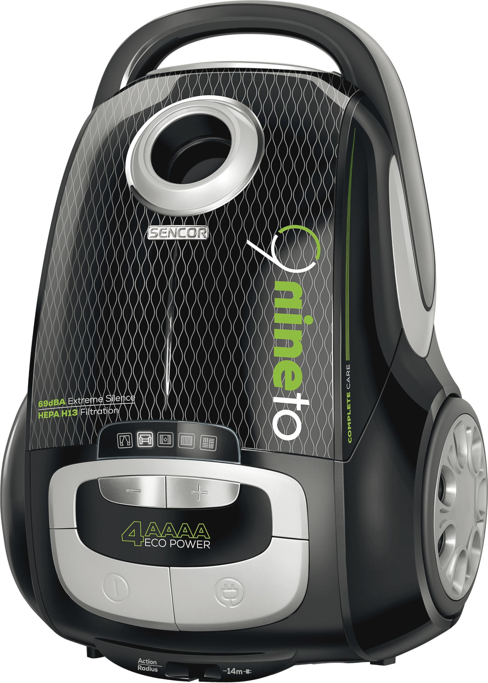 Aspiradora Sencor negra con detalles plateados y verdes y logo "9 to 1".