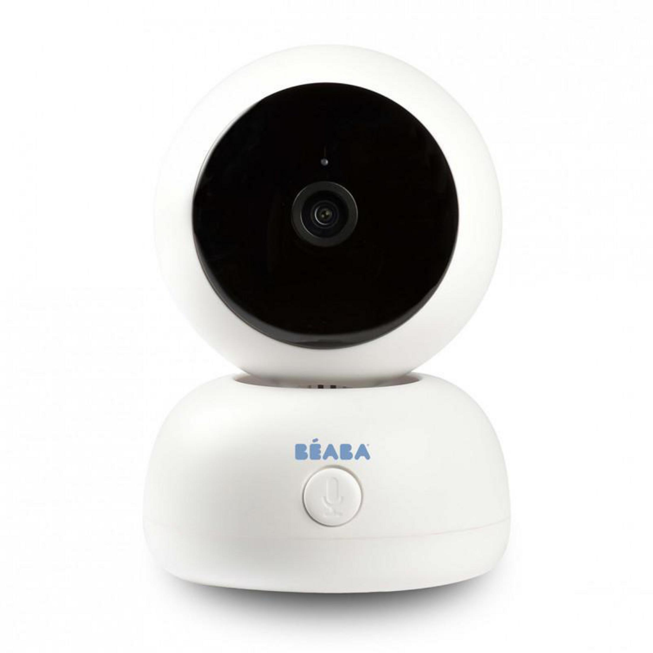 Un baby monitor bianco con obiettivo e pulsante microfono.