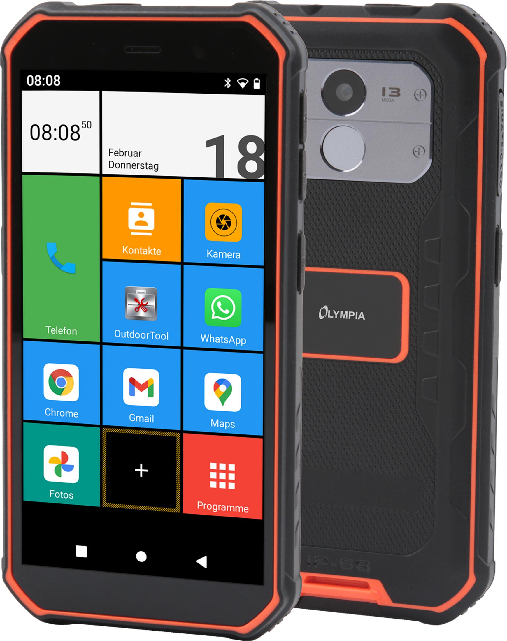 Un smartphone robuste avec des accents orange. Le devant montre des applications comme Téléphone et Caméra.