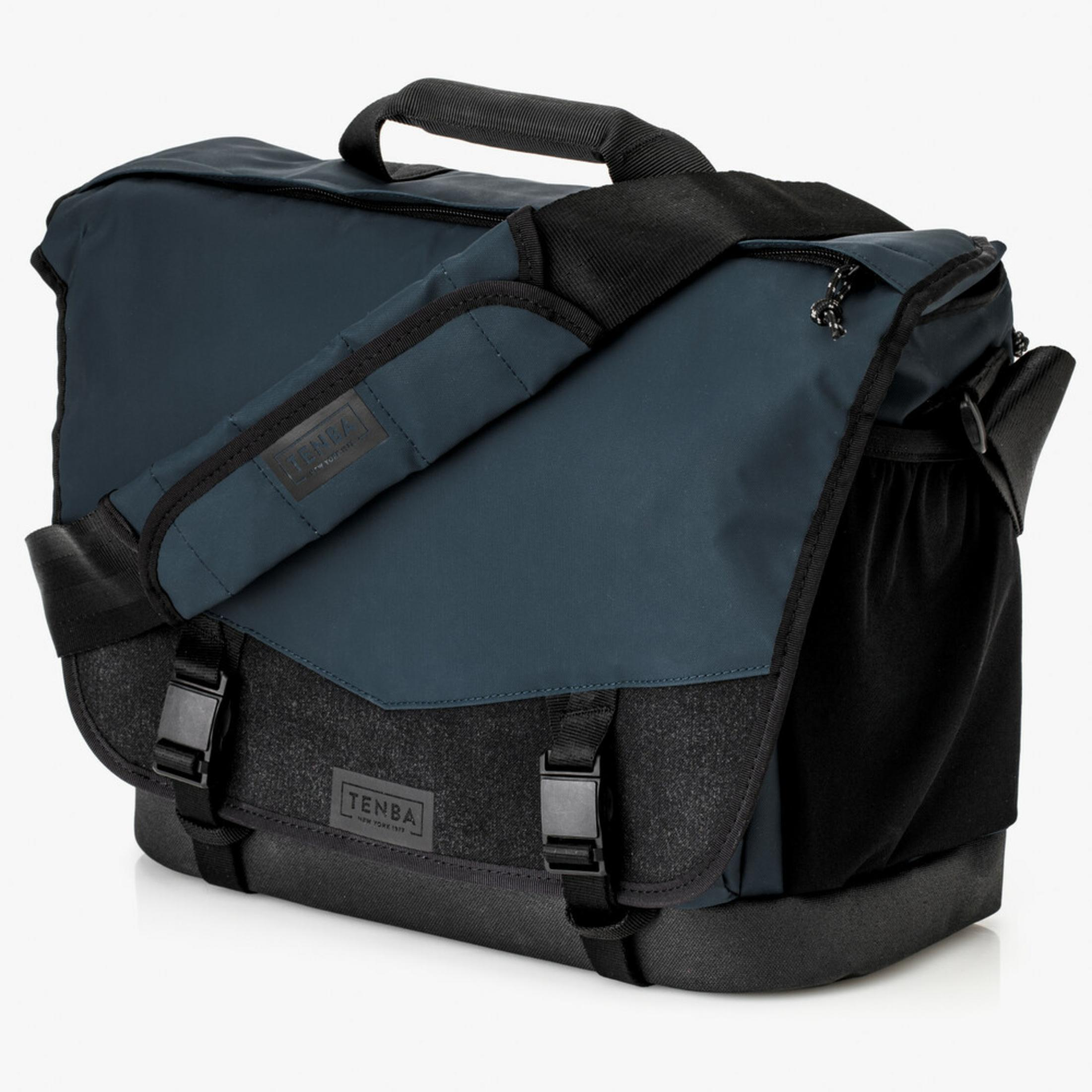 A dark blue messenger bag with black strap, buckles, and handle.