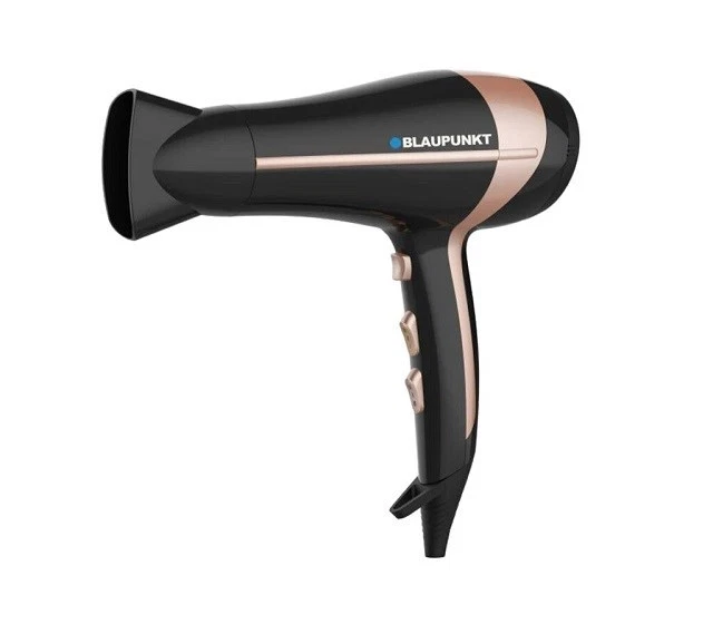 Un asciugacapelli nero con accenti oro rosa e logo Blaupunkt.