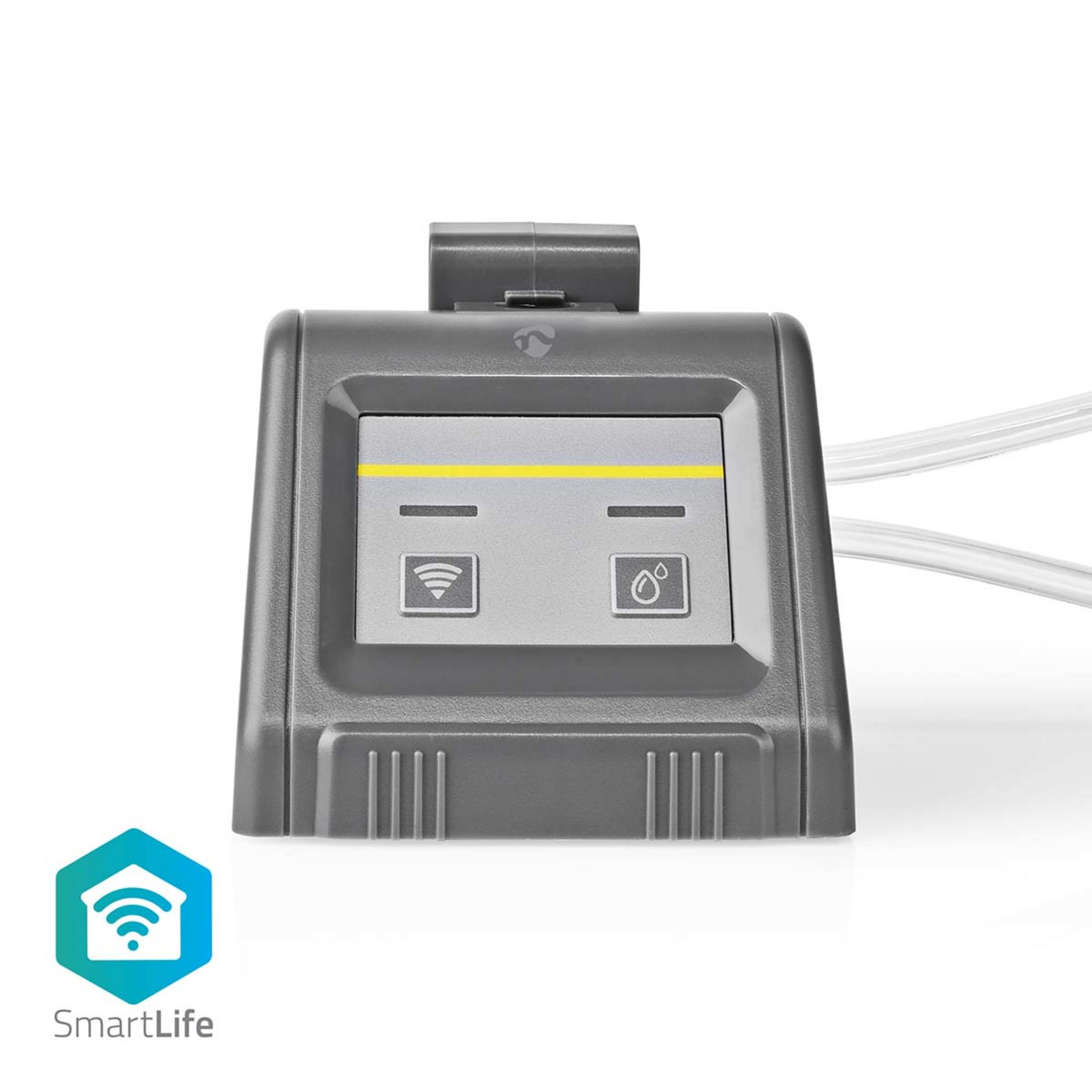 Grijs SmartLife-apparaat met wifi- en waterdruppelpictogrammen.