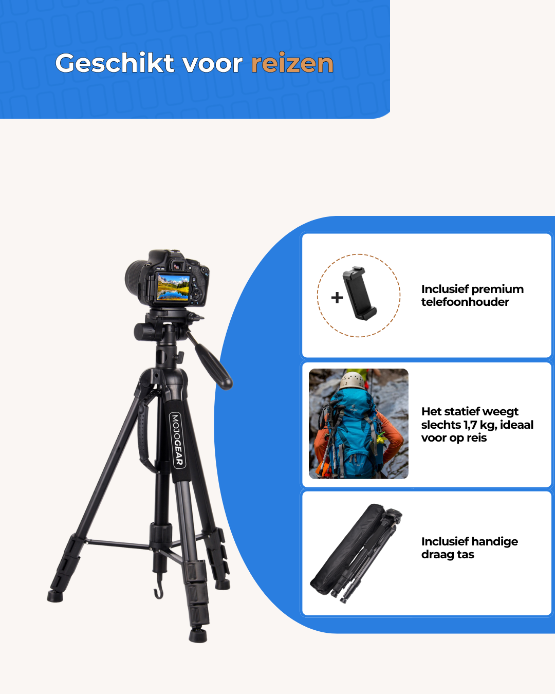 A black travel tripod with camera, phone holder, hiker, and bag.