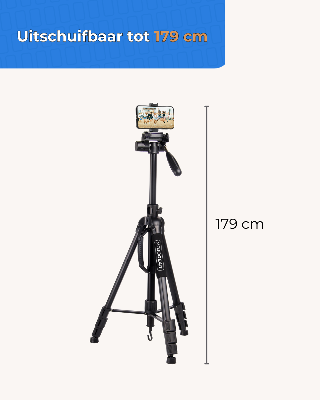 Black tripod with smartphone mount displaying a group of people. Max height 179cm.