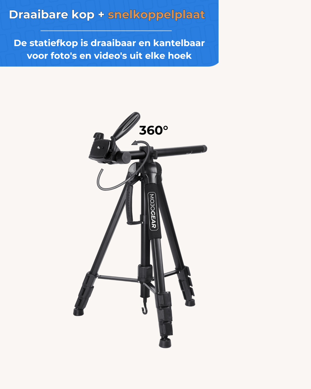 A black MOJOGEAR tripod with a rotating head and 360° indicator.