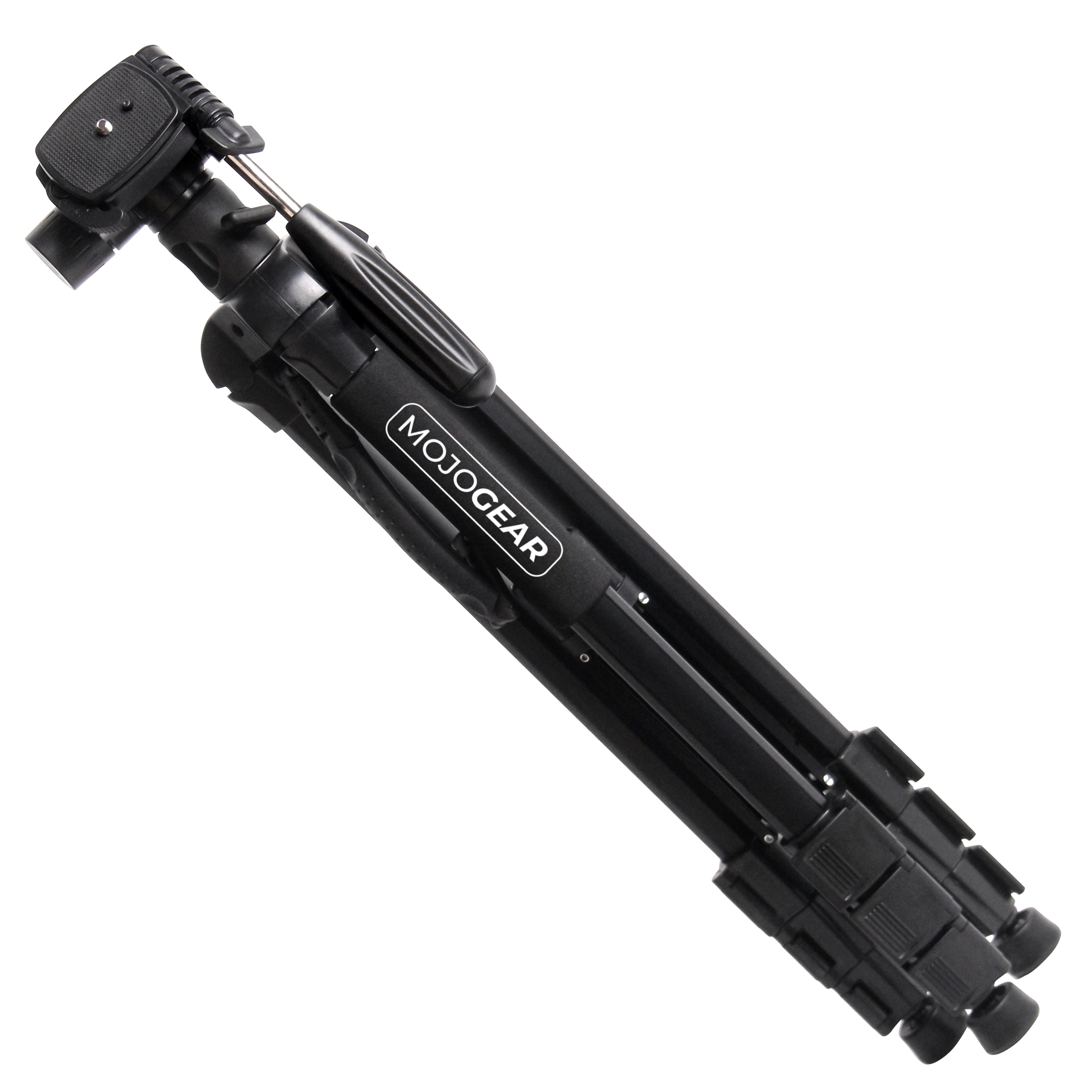 A black, portable MOJOGEAR tripod with a silver head, isolated on white.