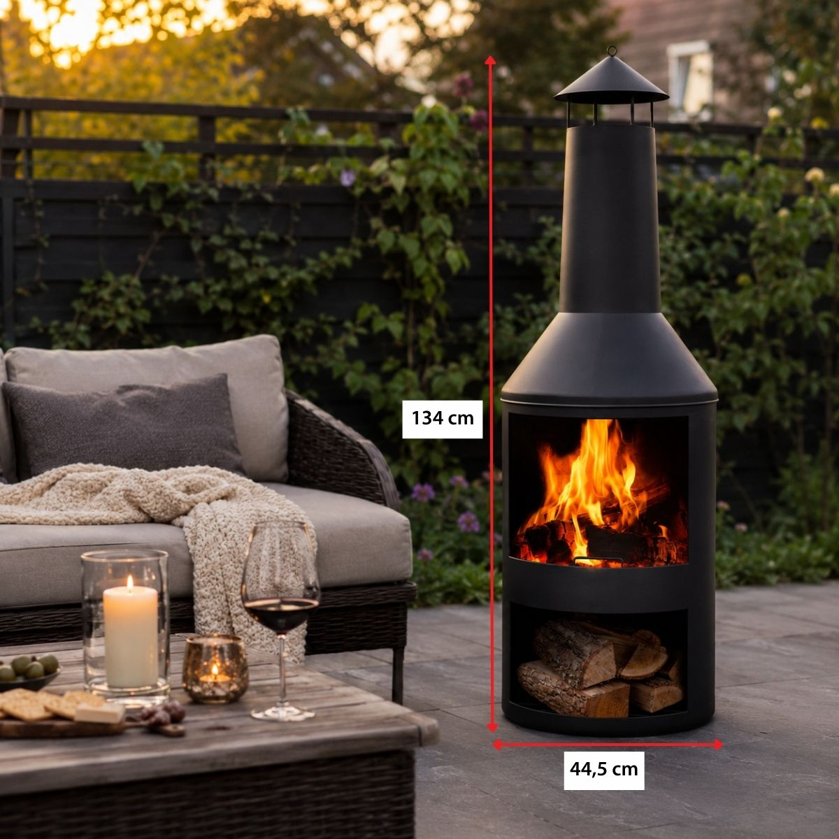 A black outdoor fireplace with burning fire and logs, on a patio.