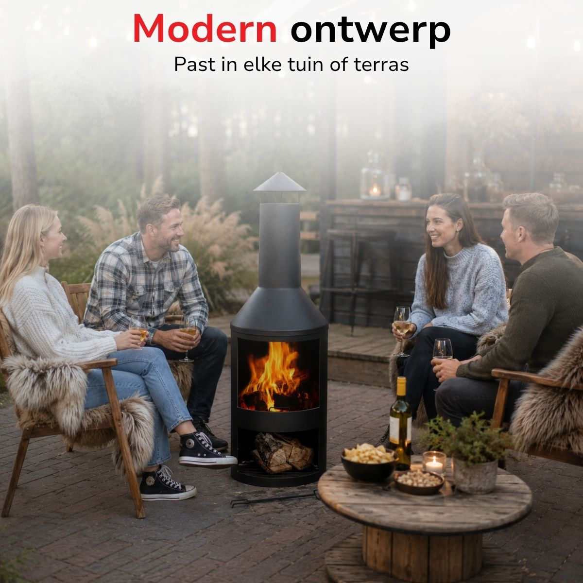 Four people sit around an outdoor fire. A fireplace provides warmth.