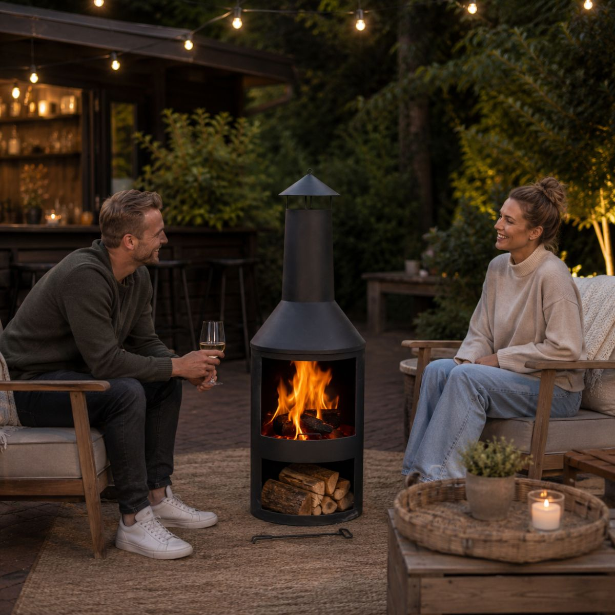 Couple enjoying evening by a fire pit with drinks, string lights overhead.