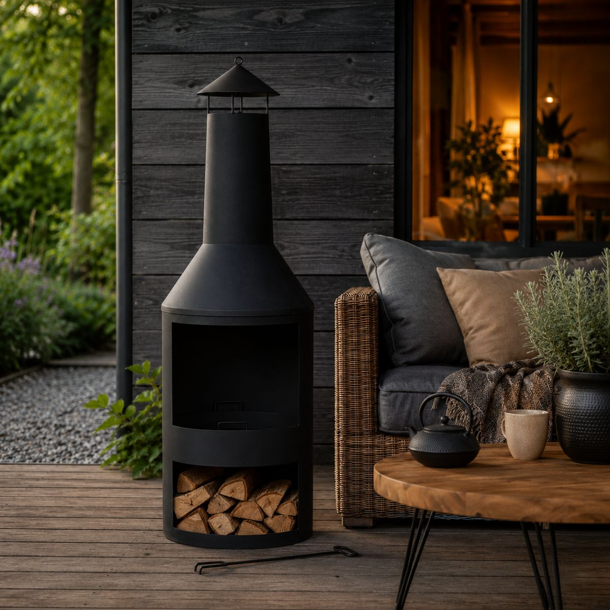 Black outdoor fireplace on wooden deck with sofa and table.