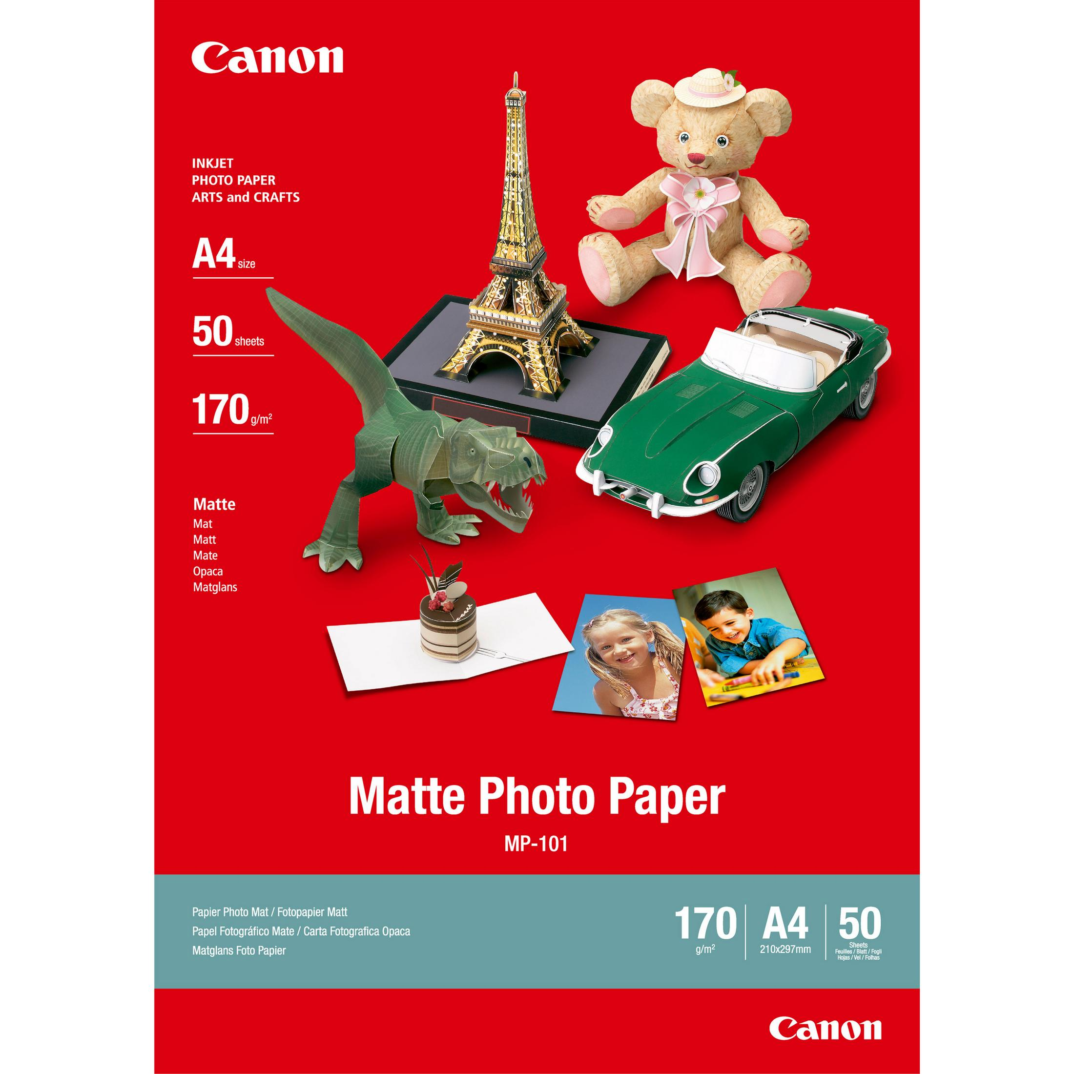 Canon Matte Fotopapier A4, 170 g/m², 50 Blatt mit Teddy, Auto, Eiffelturm-Modell.