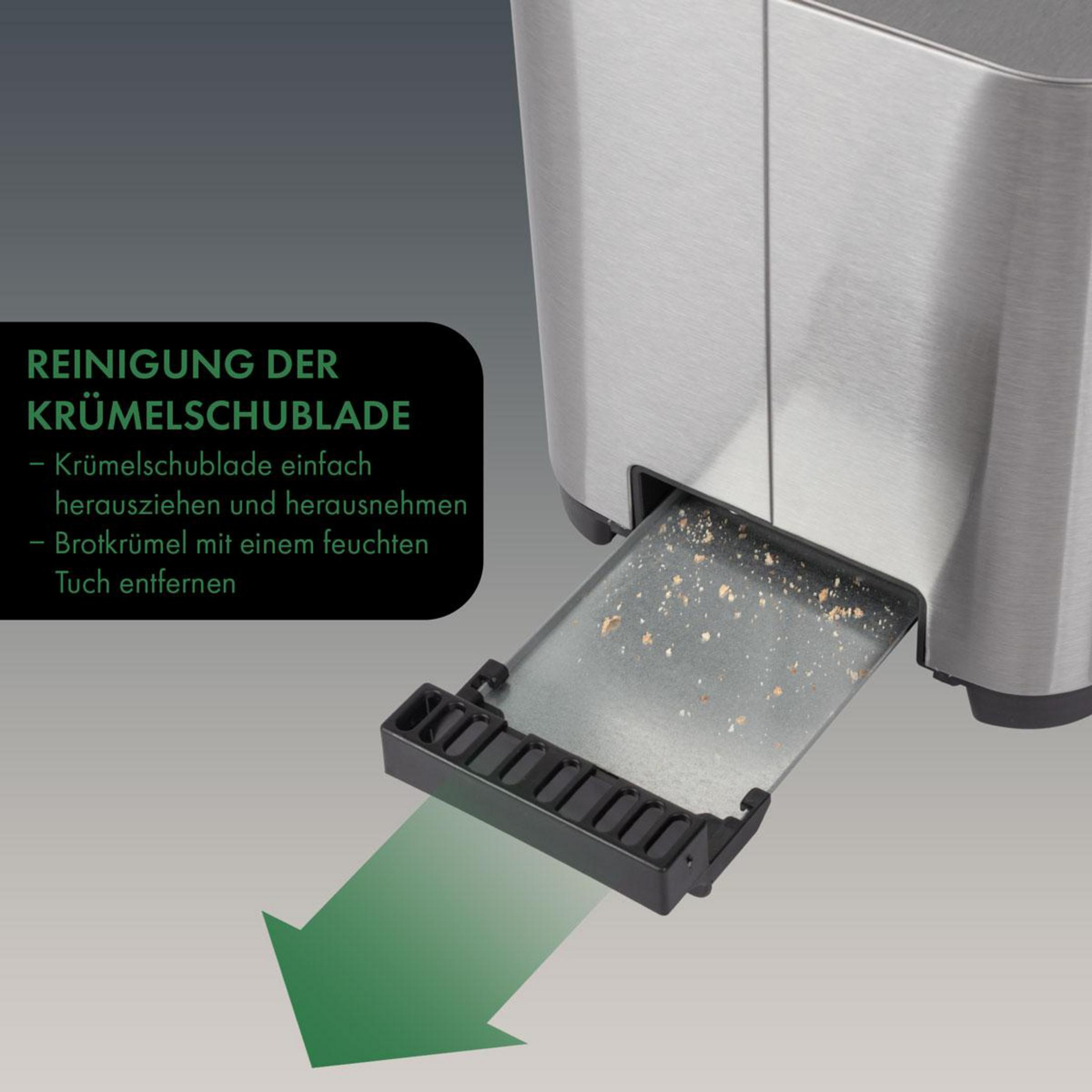 Edelstahltoaster mit herausgezogener Krümelschublade voller Krümel.