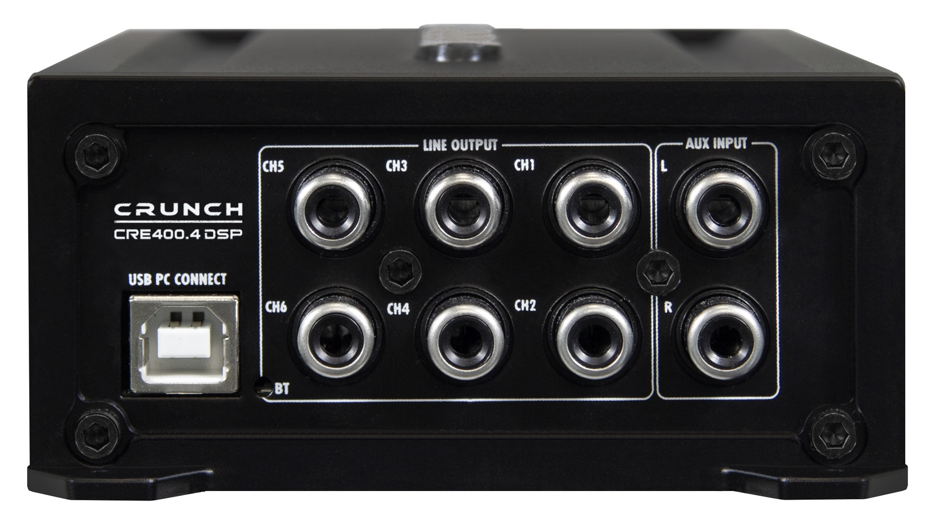 Schwarzer Crunch Verstärker mit USB-Anschluss, Line-Ausgängen und AUX-Eingängen.