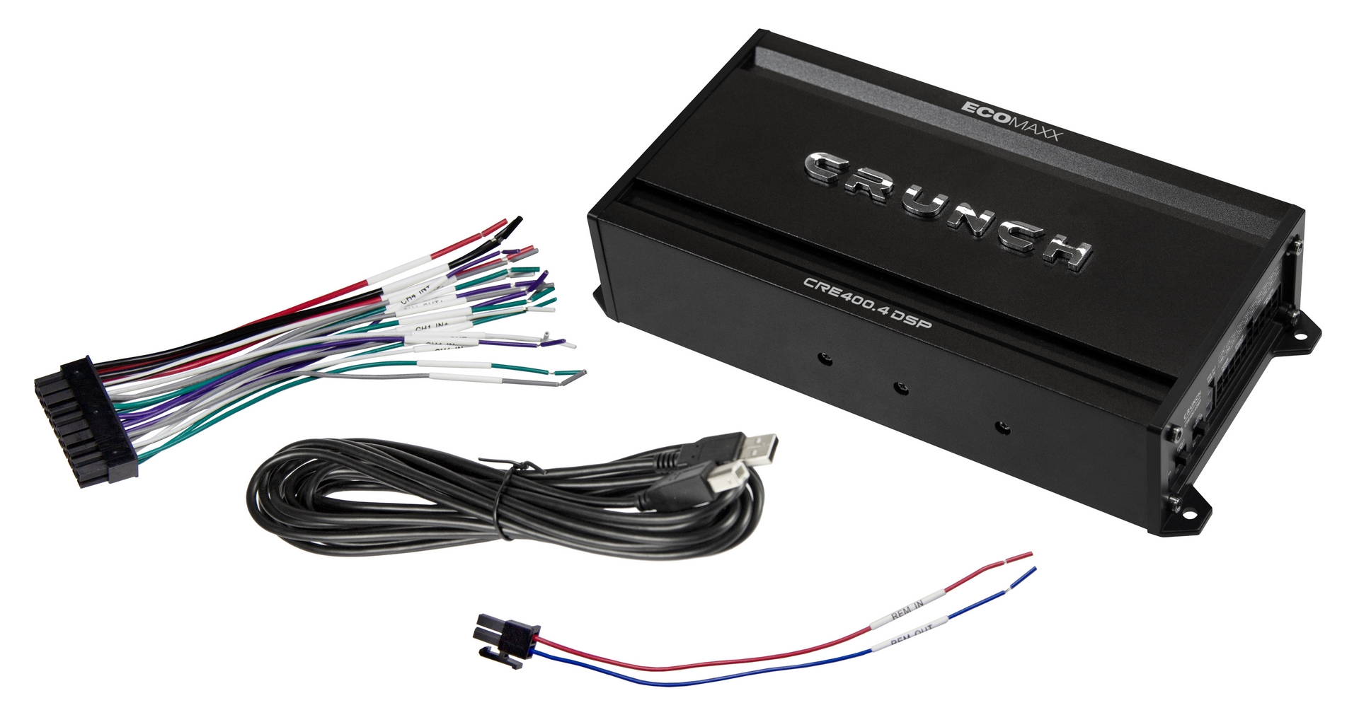 Schwarzer Verstärker mit Kabeln und USB-Kabel, weißer Hintergrund.