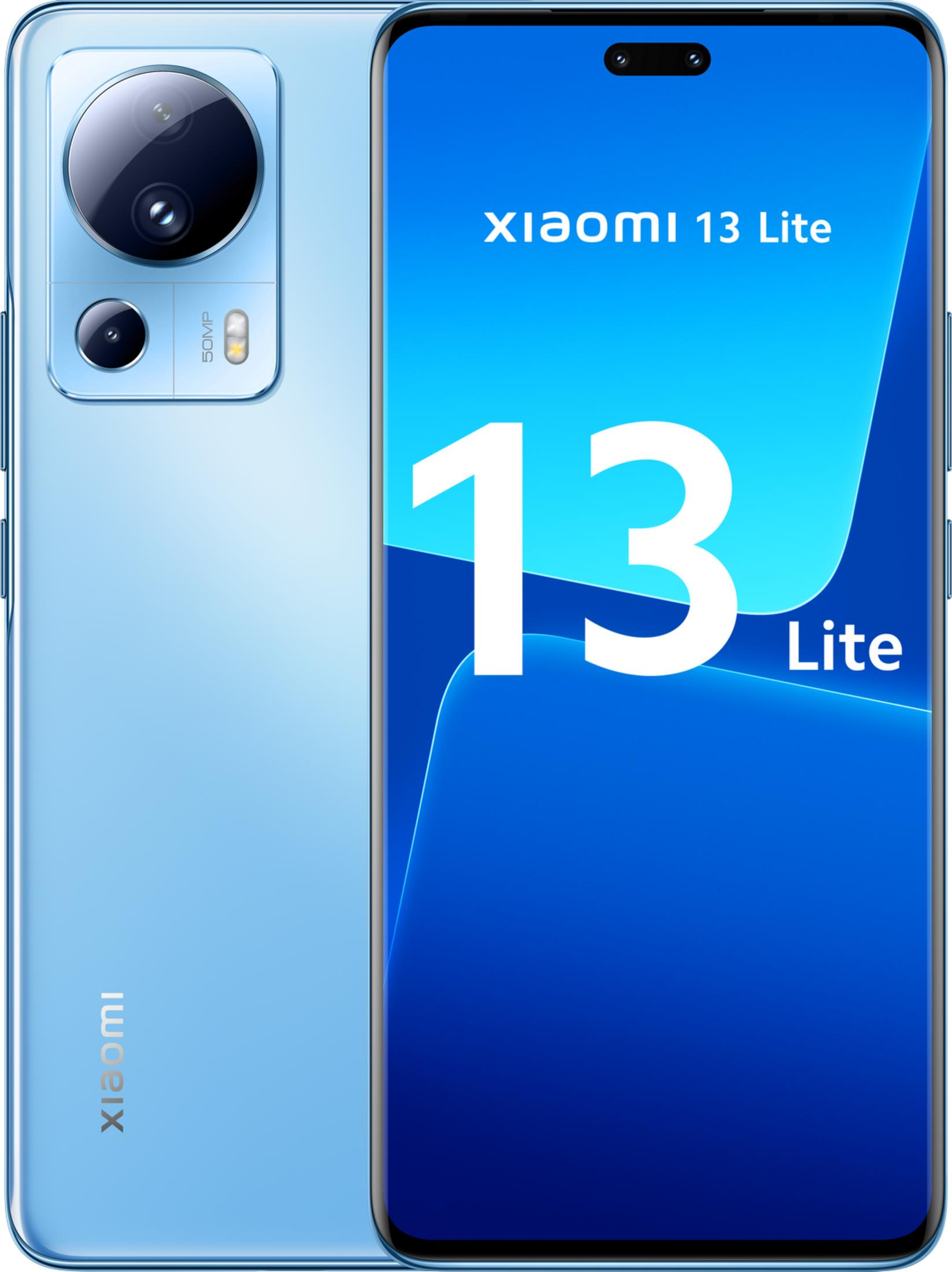 Uno smartphone Xiaomi 13 Lite azzurro con tre fotocamere sul retro.
