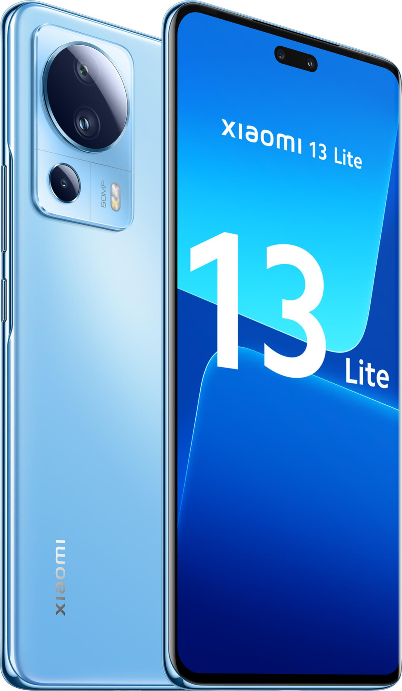 Uno smartphone Xiaomi 13 Lite azzurro, con modulo fotocamera e marchio.
