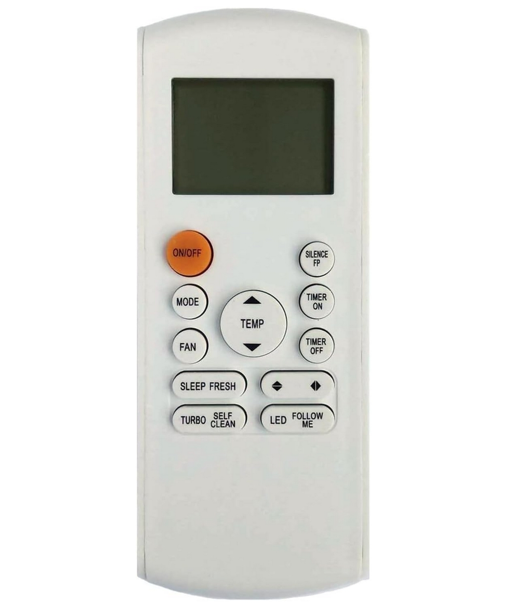 Un telecomando bianco per condizionatore con schermo nero e pulsanti.