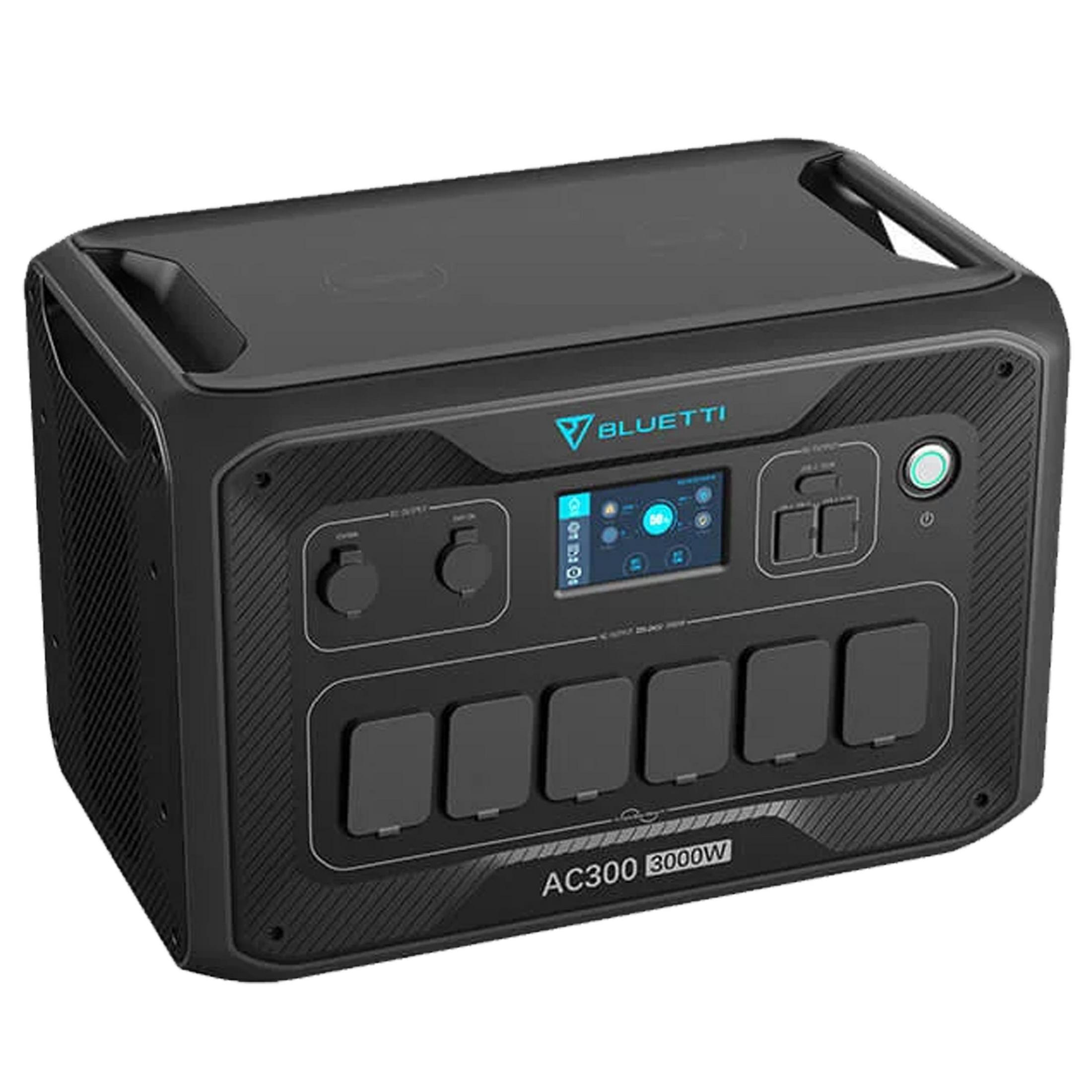 Siyah Bluetti AC300 3000W güç istasyonu, kulplu ve ekranlı.