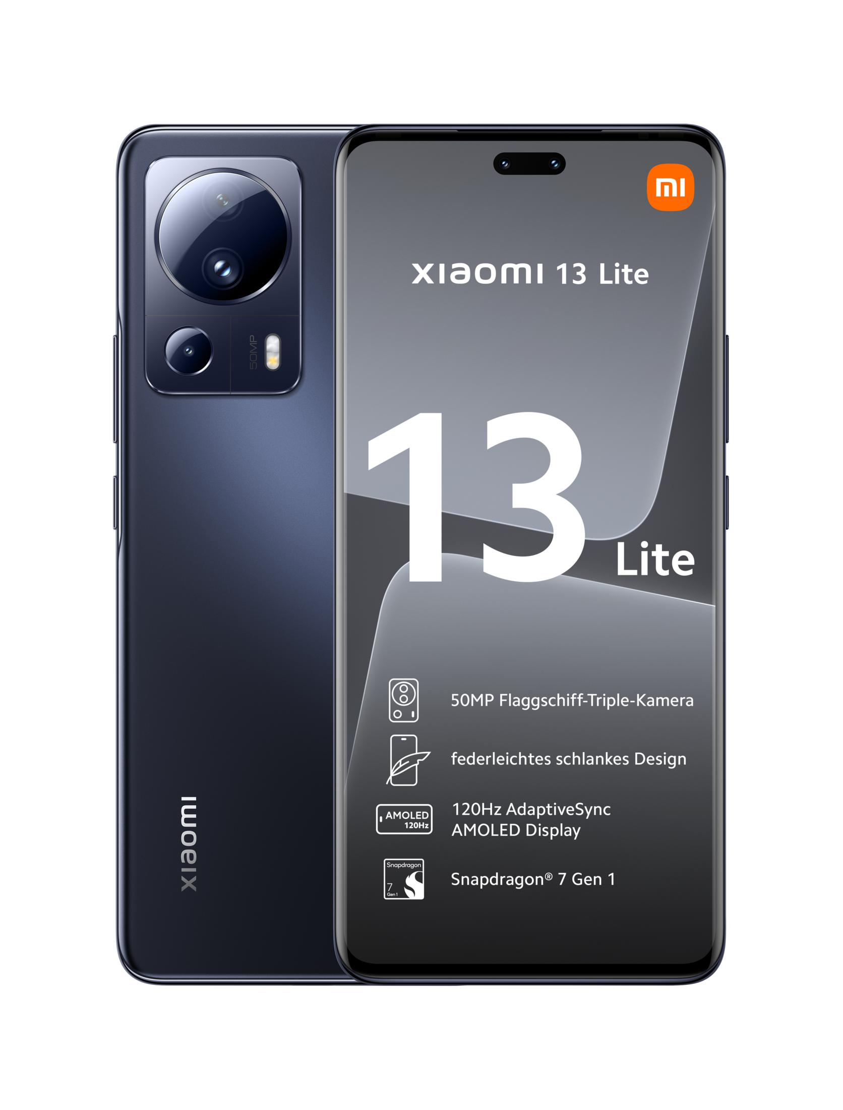 Smartphone Xiaomi 13 Lite blu scuro con fotocamera da 50MP e ampio display.