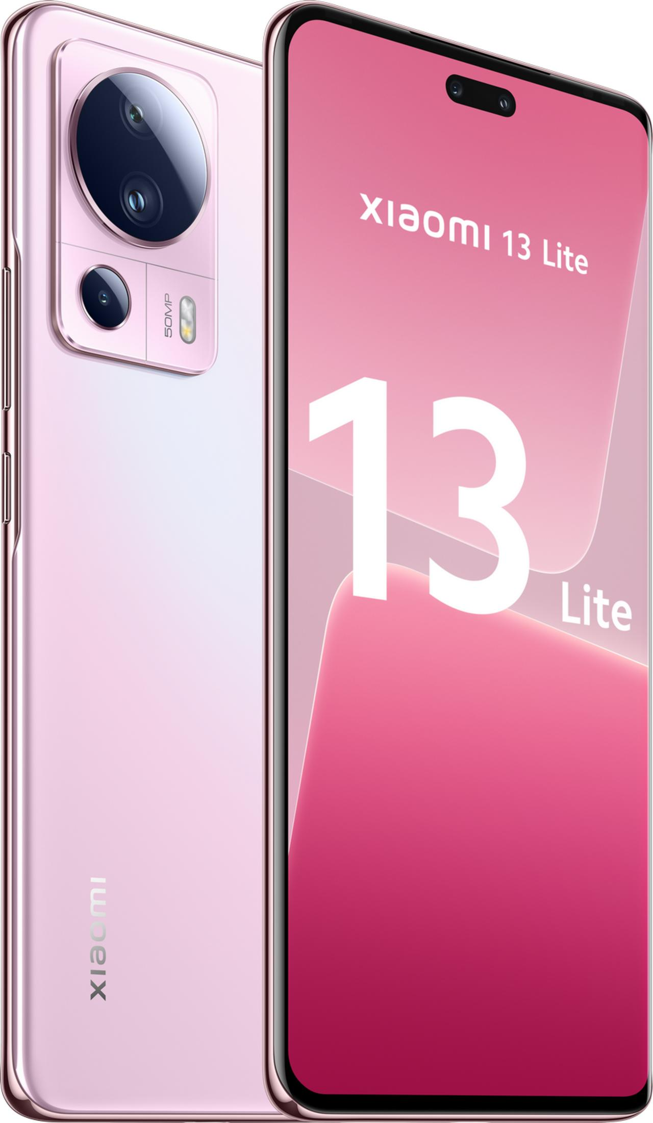 Ein rosafarbenes Xiaomi 13 Lite Smartphone mit Kameras auf der Rückseite und einem großen Bildschirm.