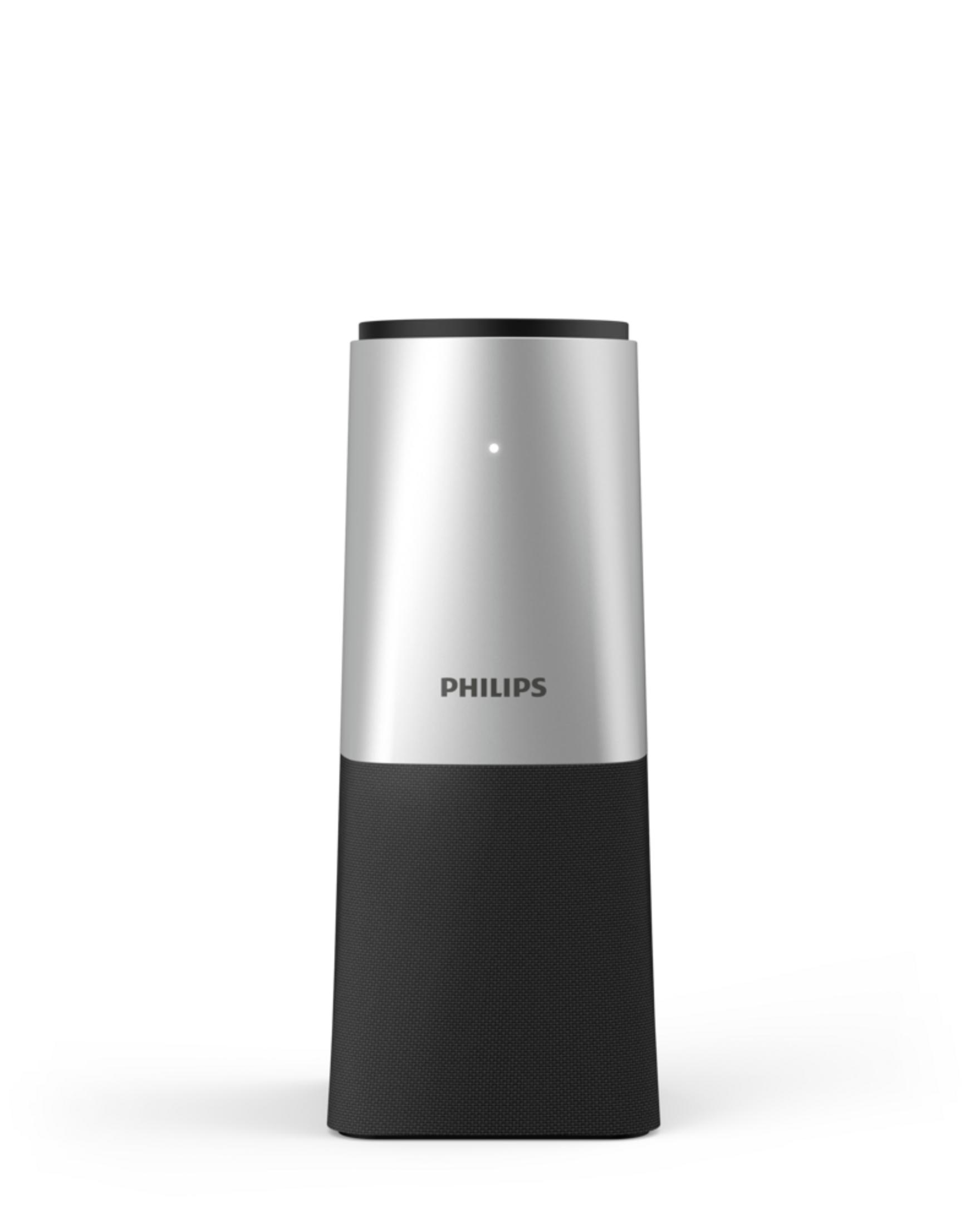 Uno speaker Philips argento e nero con luce di accento bianca.