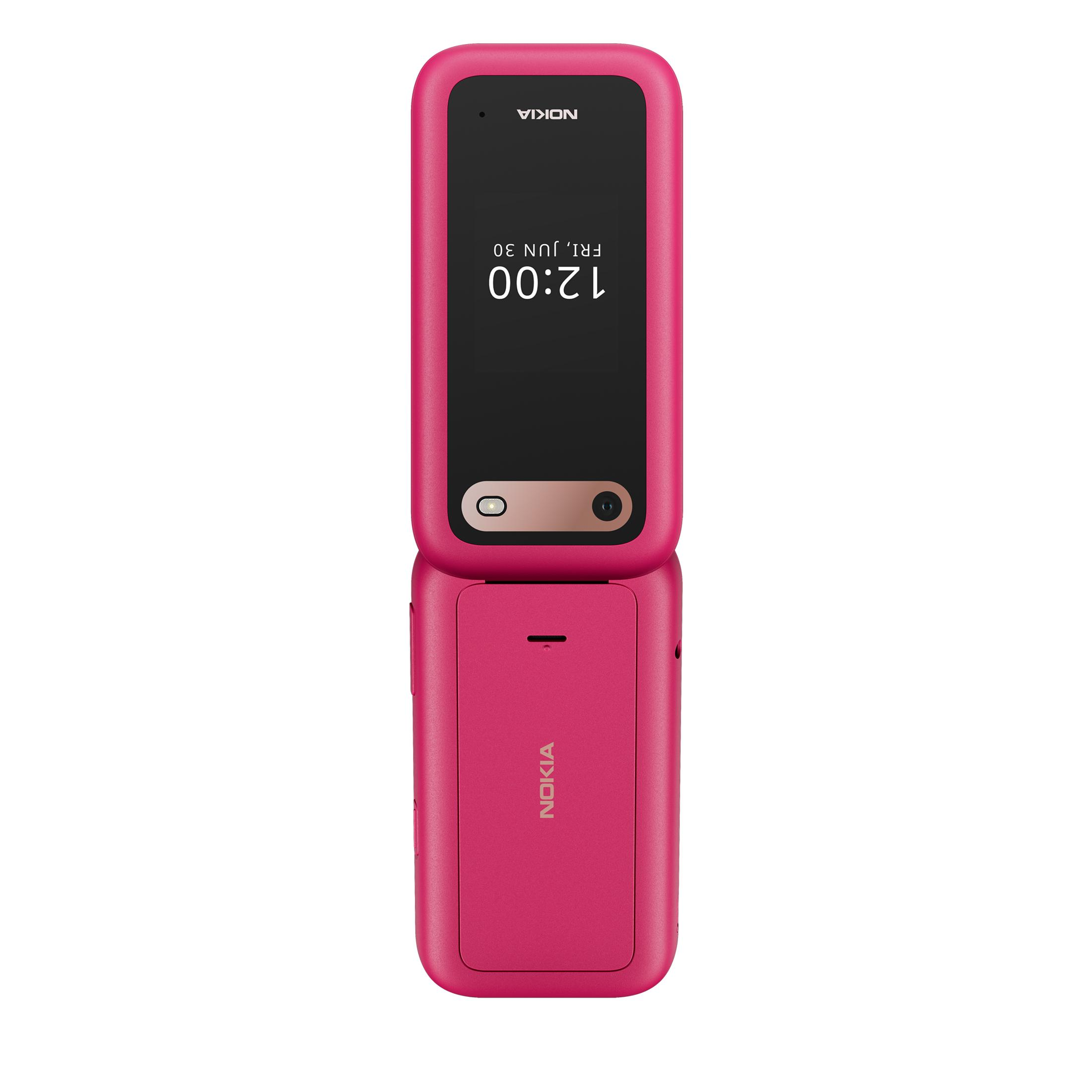 Un teléfono plegable Nokia rosa con pantalla negra que muestra las 12:00.