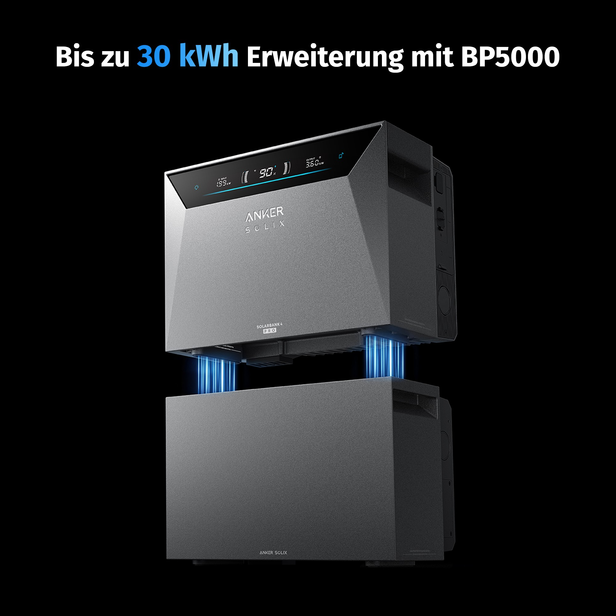 Graue ANKER SOLIX BP5000 Einheit mit blauen Lichtstrahlen, die nach unten zeigen.