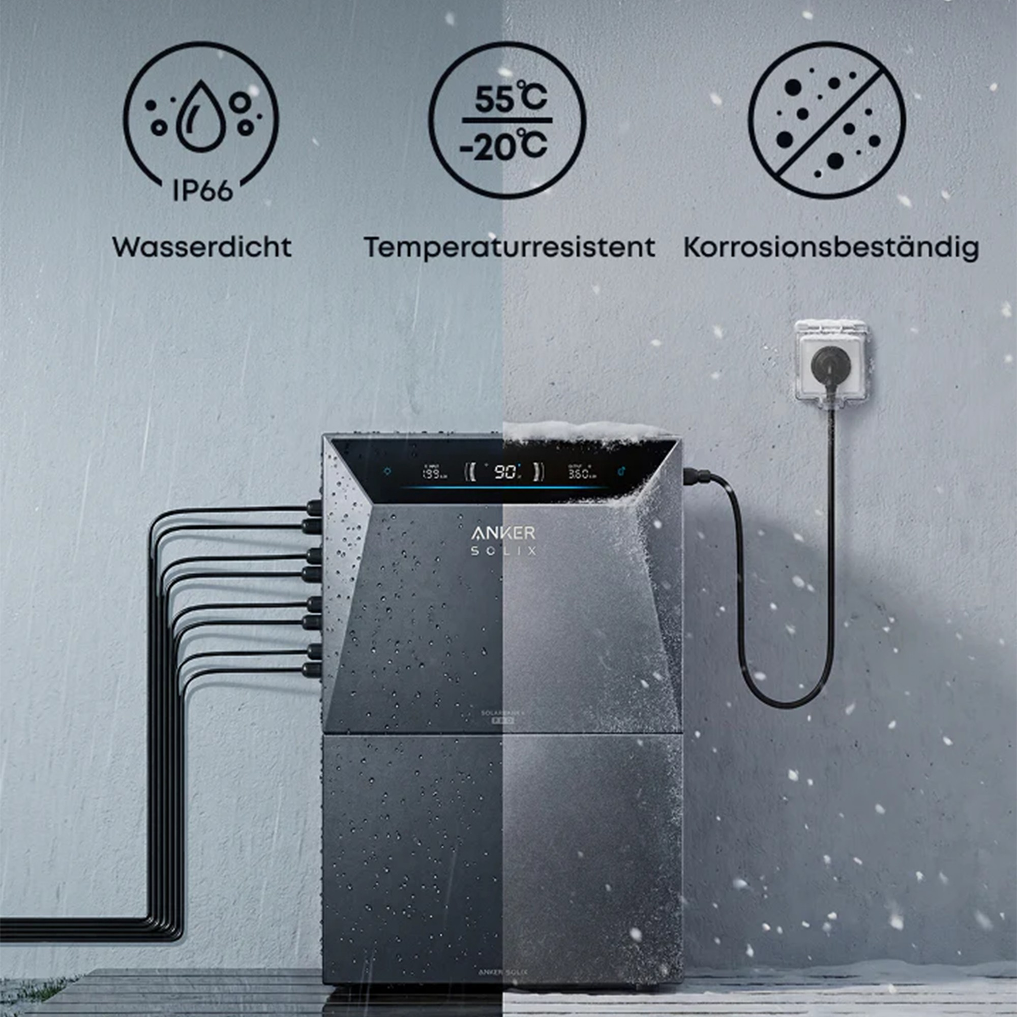 Anker Solix Einheit bei Regen und Schnee, IP66, temperaturbeständig.