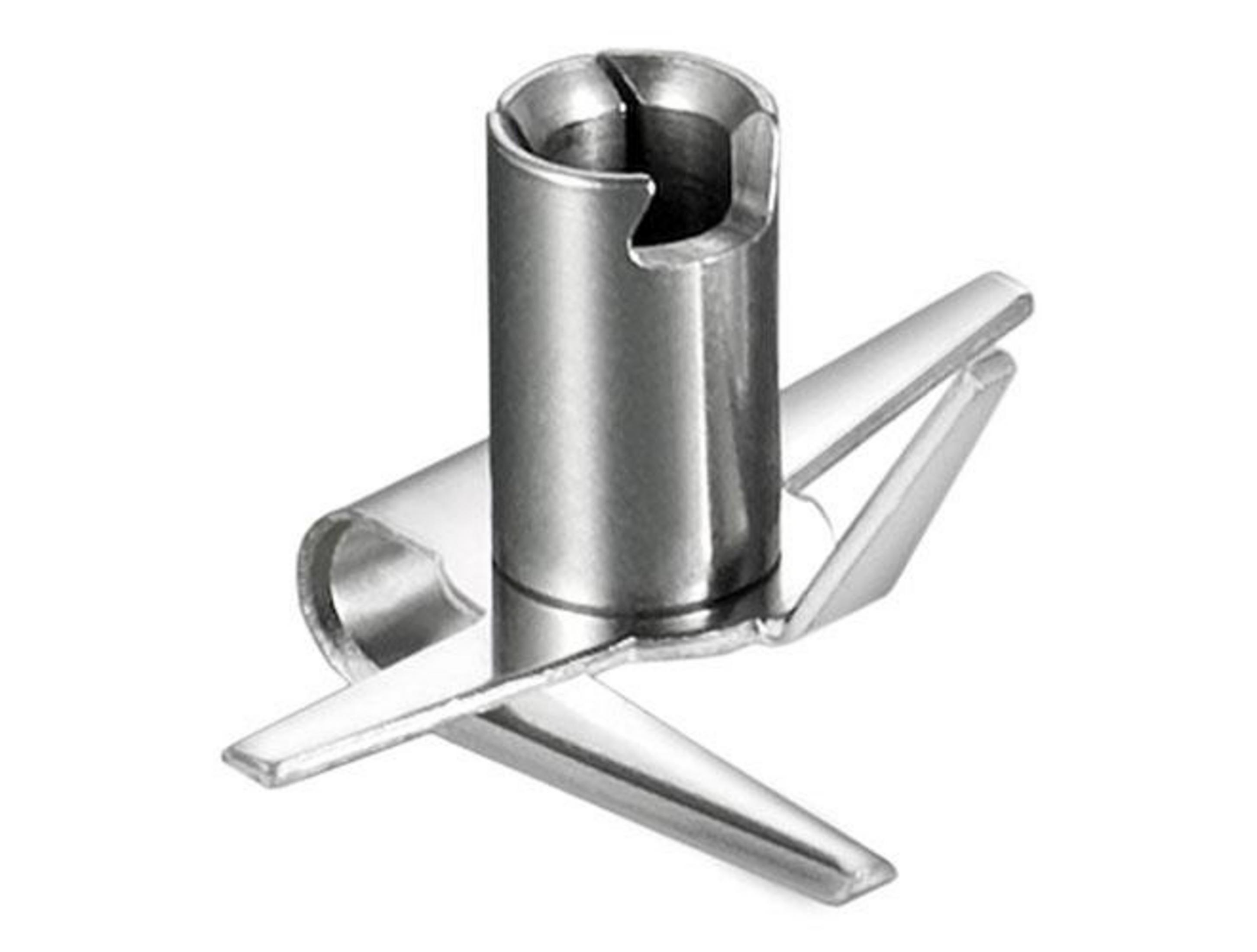 Eine silberne Metallklinge mit einem zylindrischen Griff auf weißem Hintergrund.
