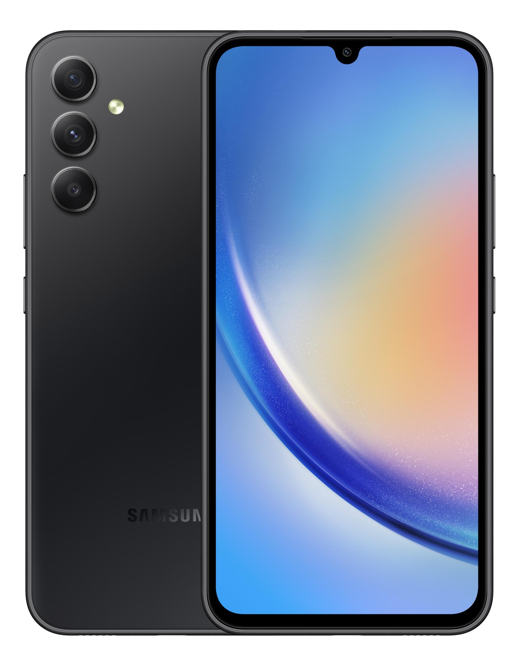 Smartphone Samsung nero con tripla fotocamera e sfondo colorato.
