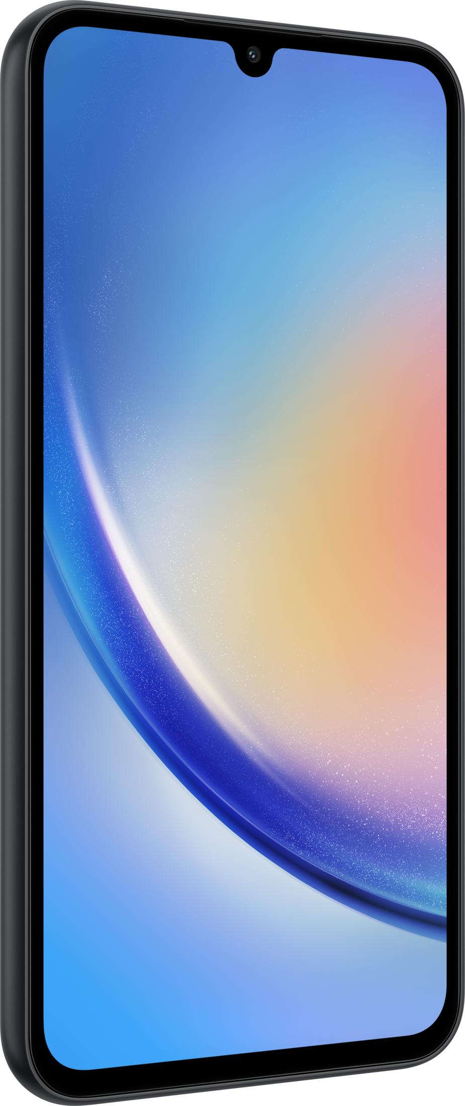 Smartphone nero con sfondo sfumato blu e giallo.