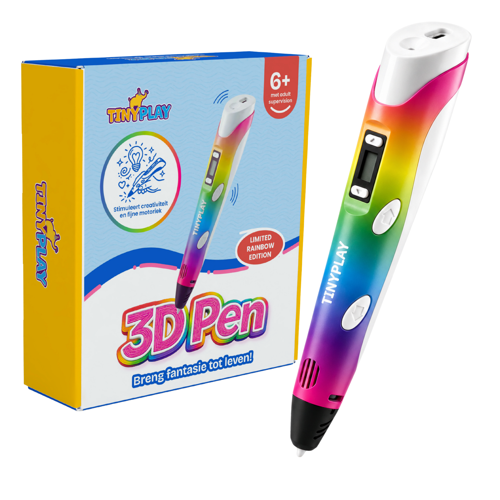 Een regenboogkleurige 3D-pen naast de verpakking met '3D Pen'.