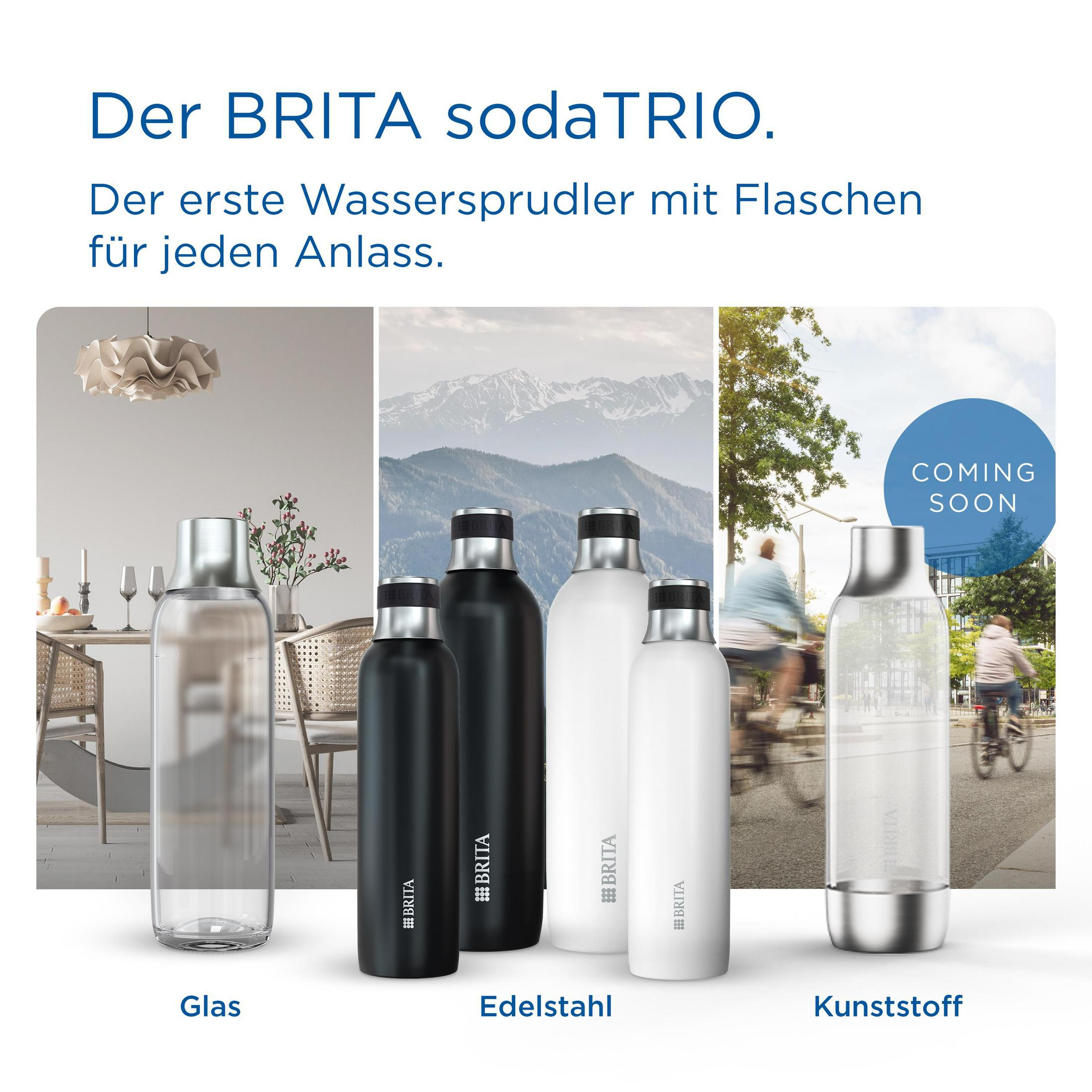BRITA sodaTRIO: Bottiglie in vetro, acciaio inox e plastica con sfondi montani e urbani.