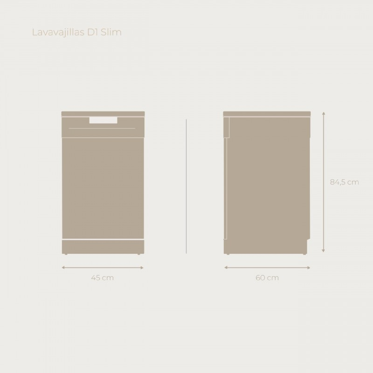 Due viste di una lavastoviglie slim con dimensioni: 45 cm larghezza, 60 cm profondità, 84,5 cm altezza.