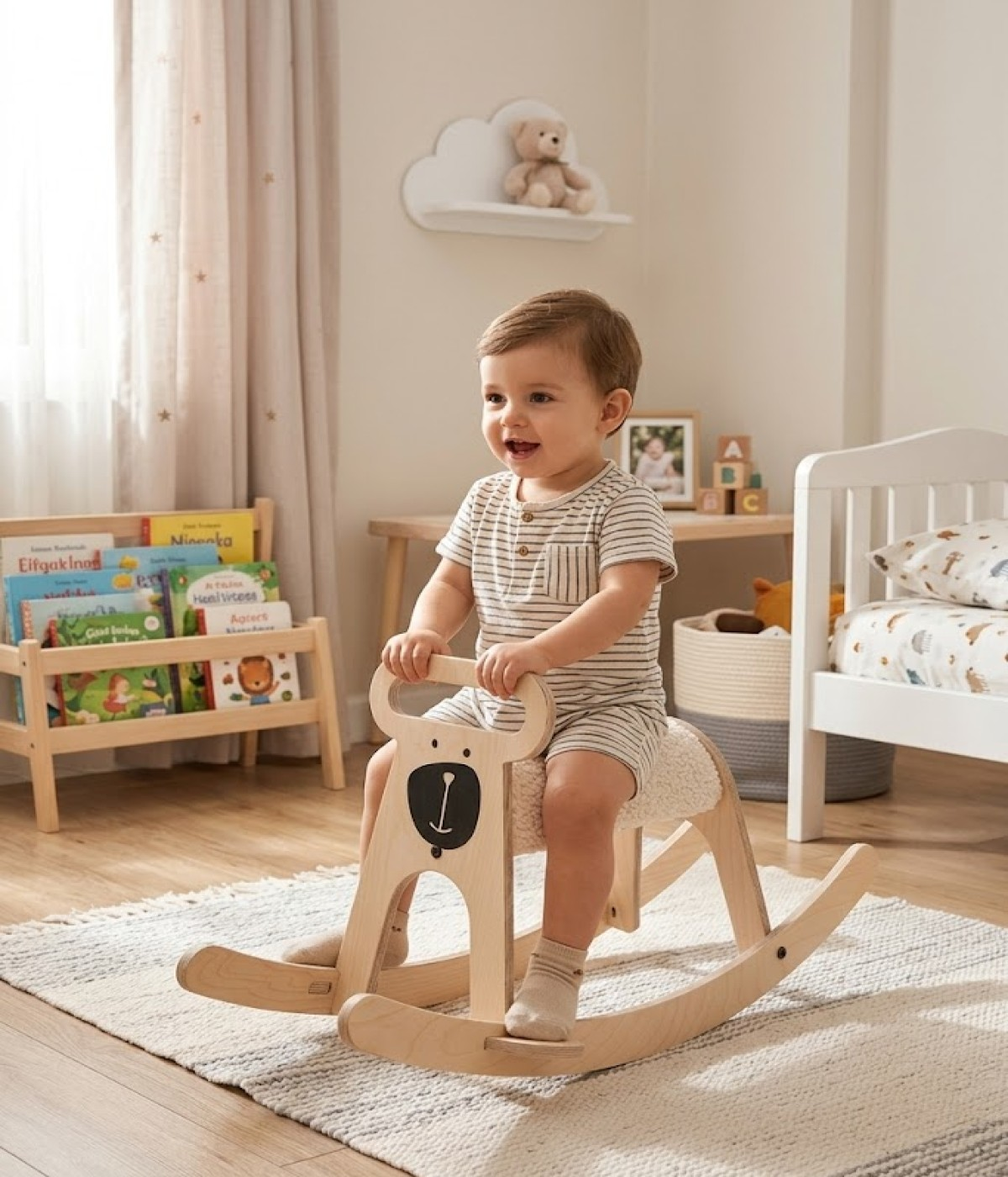 Gülümseyen bir erkek bebek çocuk odasında ahşap sallanan ayı oyuncağında oturuyor.