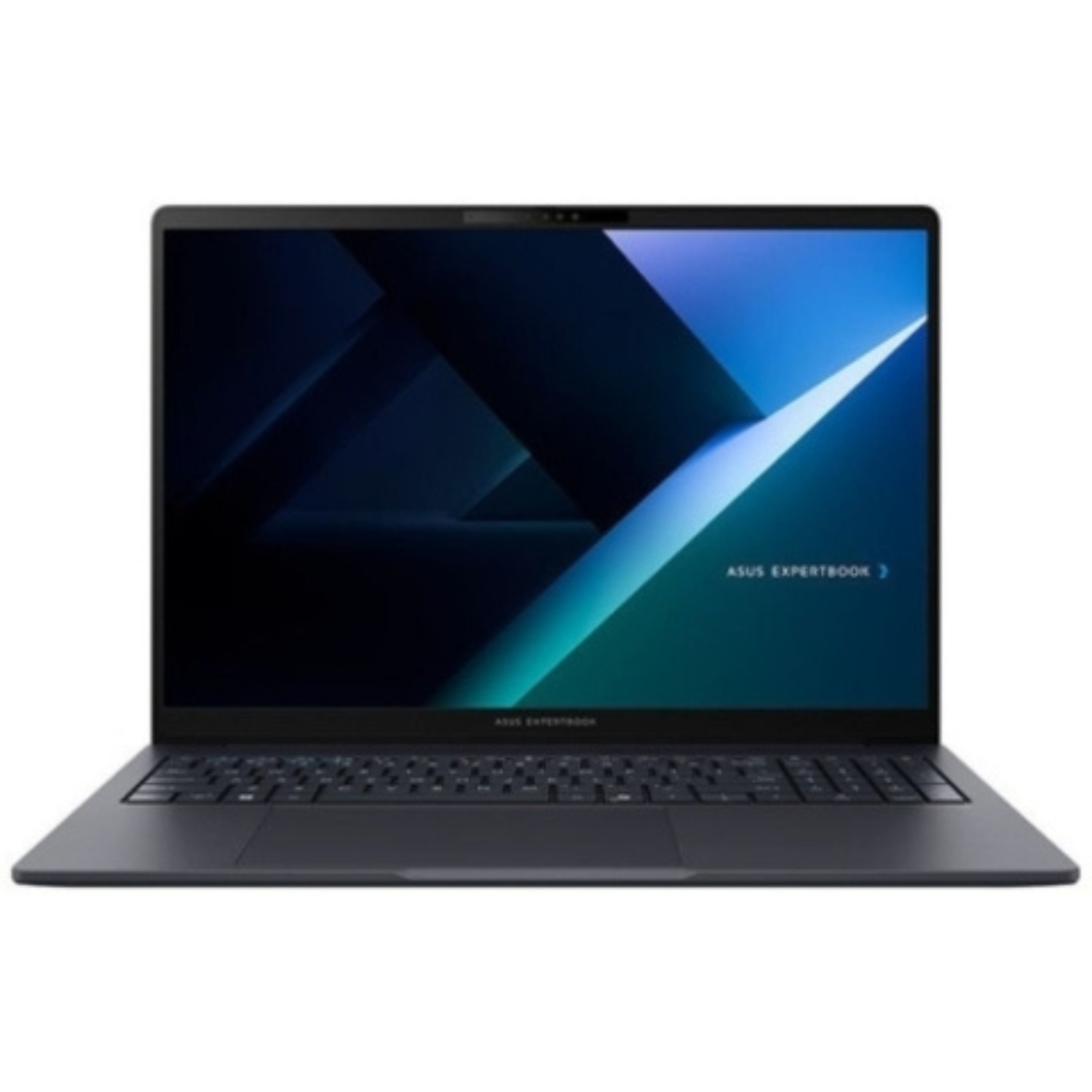 Un portátil Asus ExpertBook oscuro que muestra un fondo de pantalla azul y verde.