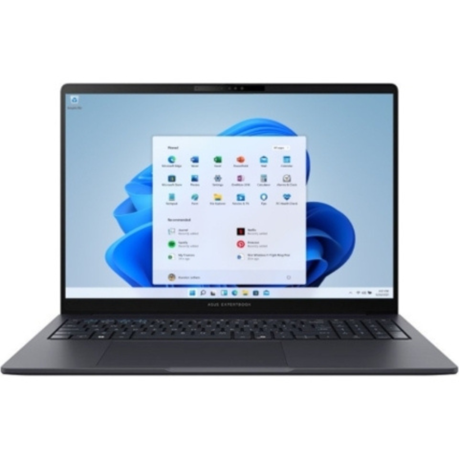 Un portátil Asus gris oscuro que muestra el menú de inicio de Windows 11 con varios iconos de aplicaciones.