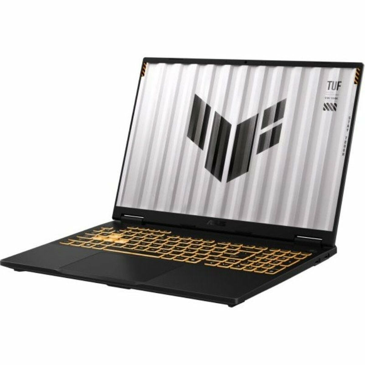 Un portátil negro con teclado amarillo y el logo de TUF en la pantalla.