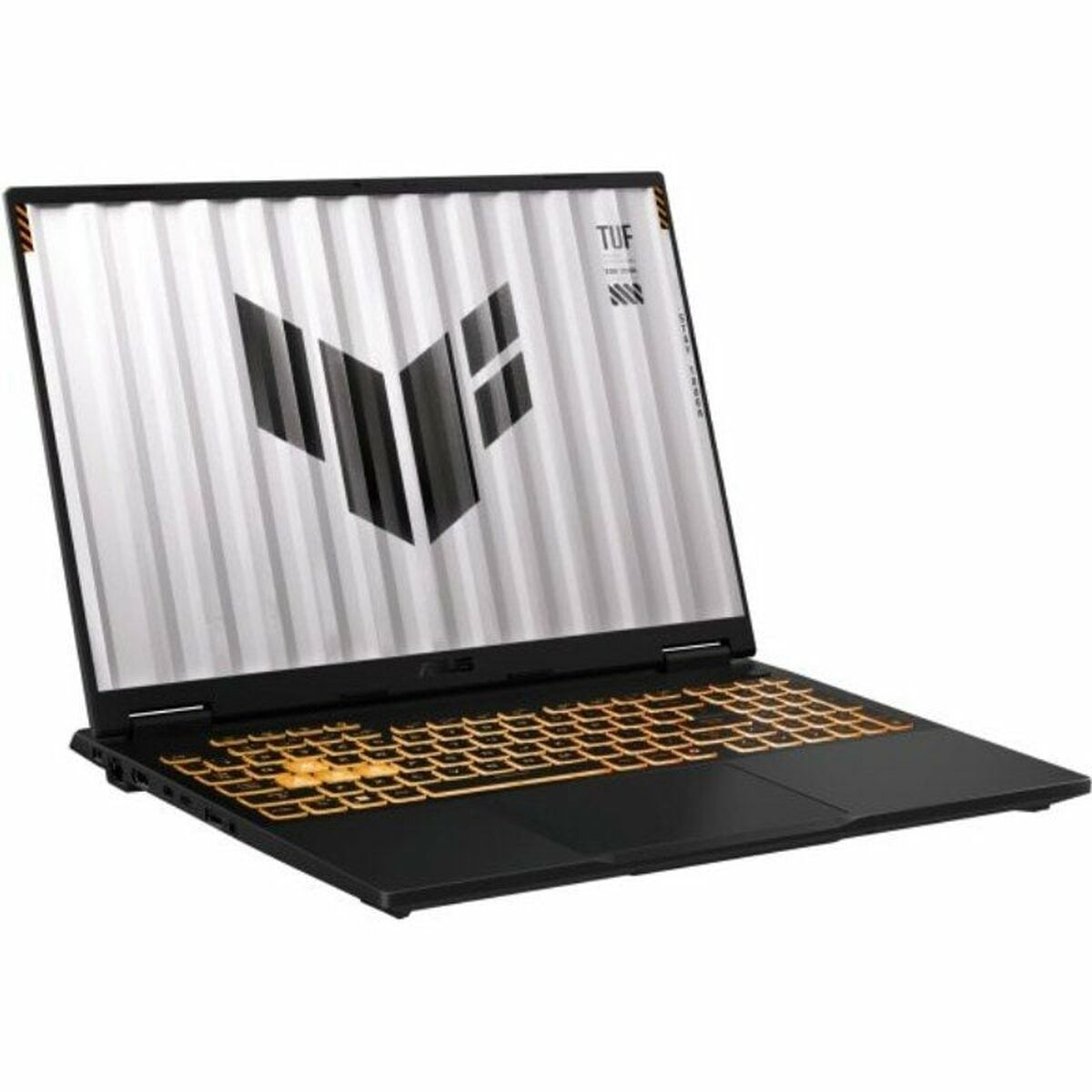 Portátil negro con teclado naranja iluminado y logo de TUF en la pantalla.