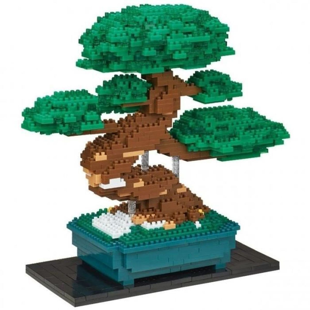 Un albero bonsai fatto di blocchi colorati in un vaso verde su una base nera.