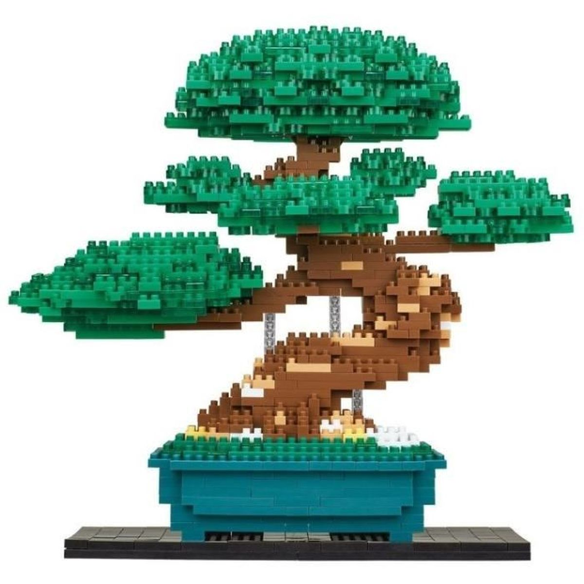 Un albero bonsai fatto di blocchi da costruzione in un vaso blu.