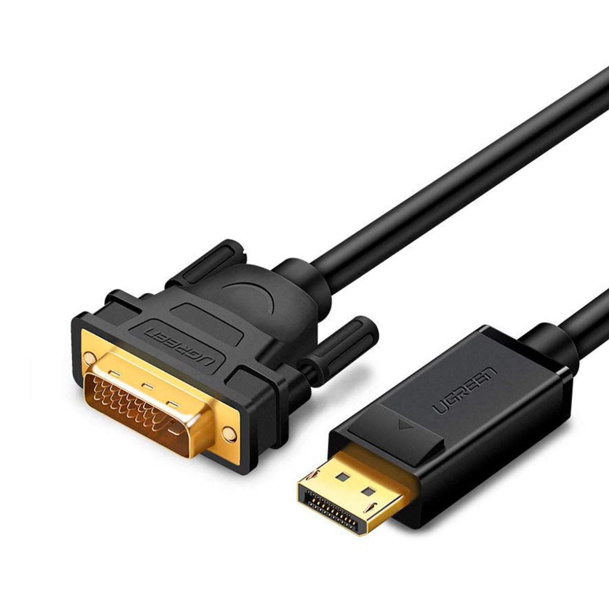 Beyaz arka planda DVI ve DisplayPort konektörlü siyah kablo.