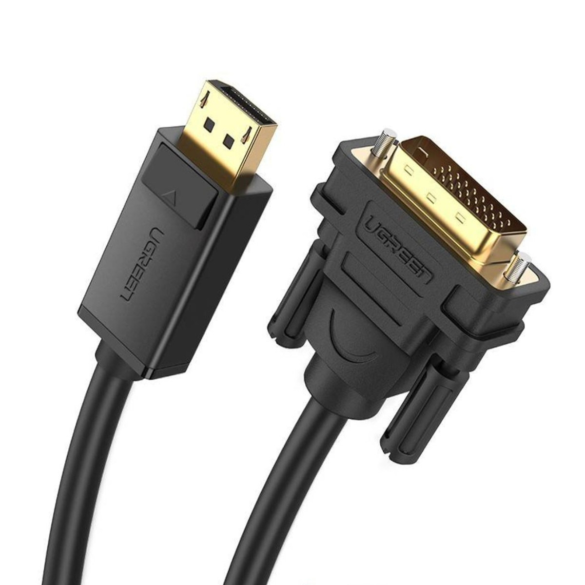 Altın konektörlü iki siyah kablo: DisplayPort ve DVI.