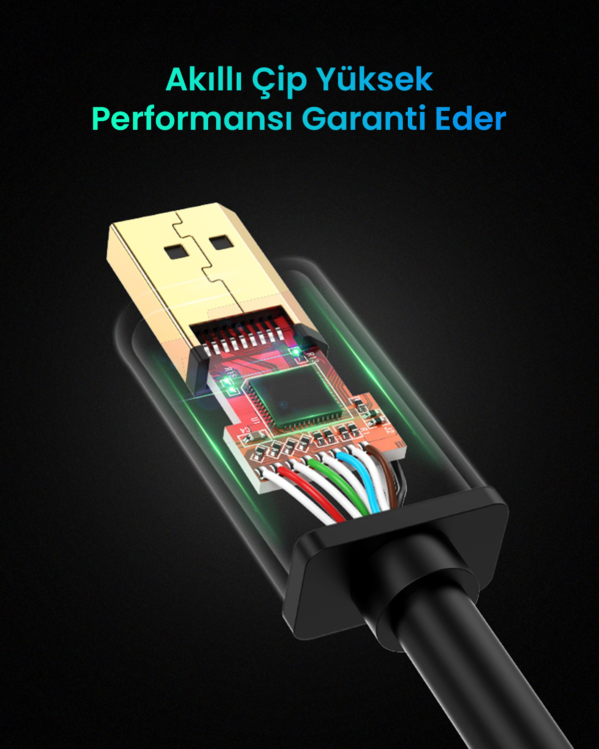 Altın USB konektörü, siyah arka plan üzerinde renkli kabloları olan dahili devre kartını gösterir.