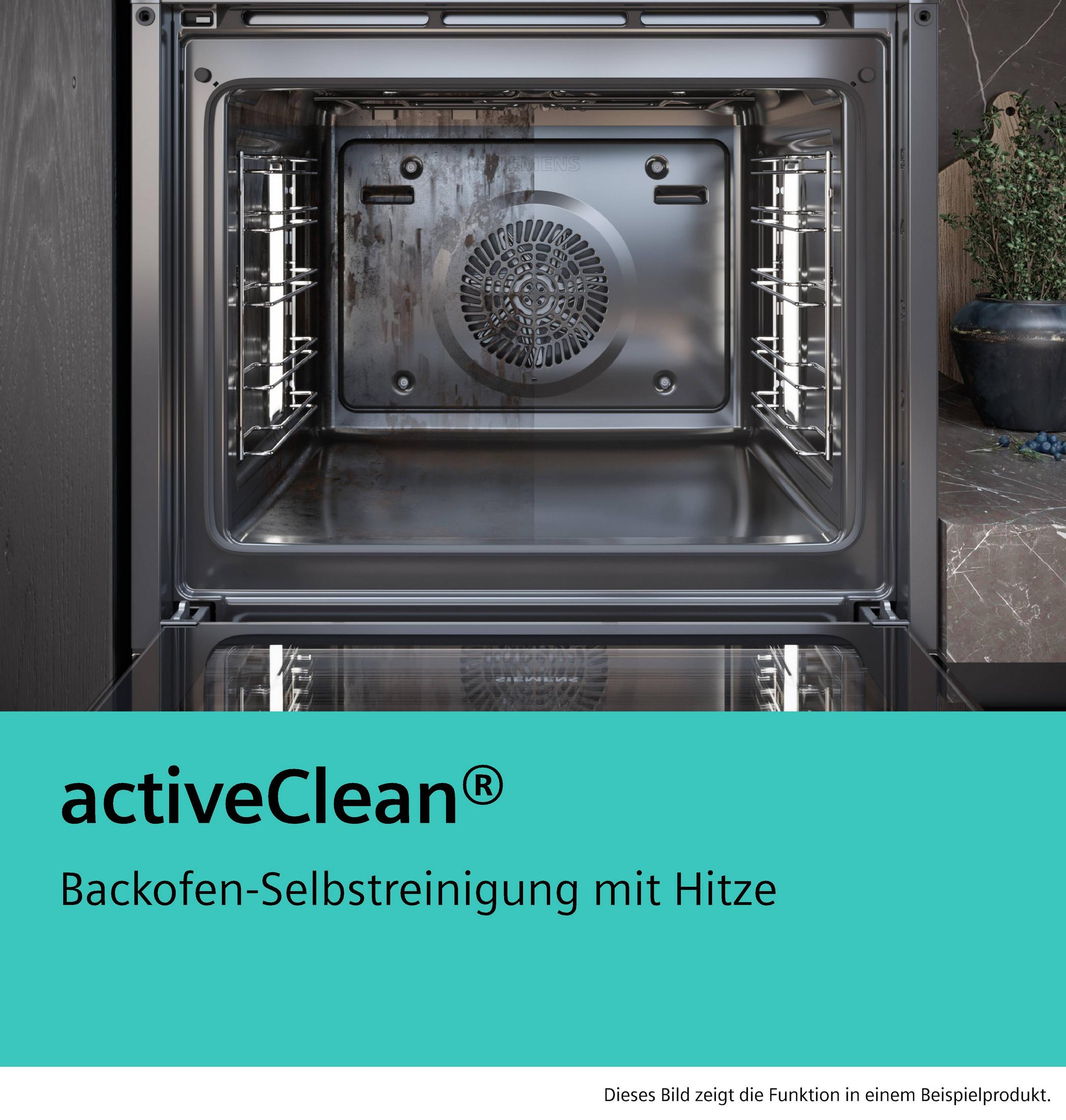 Ein Ofen mit einer schmutzigen und einer sauberen Seite, beschriftet mit activeClean.