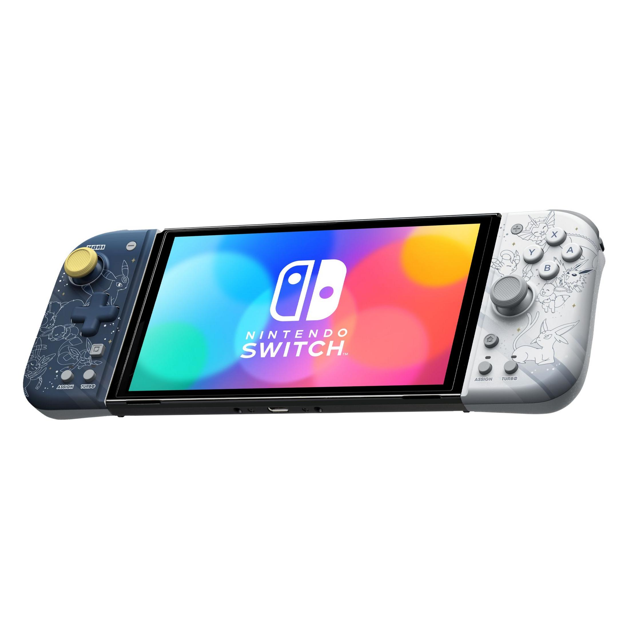 Nintendo Switch mit Pokémon-Motiven auf den Joy-Cons, mit Pokémon-Figuren.